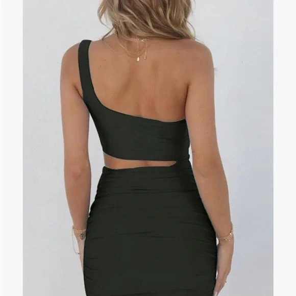 Olive Green One Shoulder Sleeveless Cutout Ruched Bodycon Mini Club Dress - XL 💚 - Picture 2 of 12